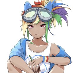 Size: 1494x1431 | Tagged: safe, artist:30clock, kotobukiya, rainbow dash, human, g4, anime, clothes, cup, dark skin, drink, female, goggles, humanized, kotobukiya rainbow dash, looking at you, simple background, solo, straw, tan, tank top, tanned, tongue out, white background, wristband
