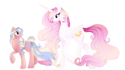 Size: 4351x2448 | Tagged: safe, artist:tayaspirits, princess celestia, oc, oc:rosewend, earth pony, pony, g4, female, mare, pink-mane celestia, simple background, transparent background