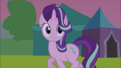 Size: 600x338 | Tagged: safe, artist:agrol, starlight glimmer, sunburst, pony, time for two, g4, animated, blushing, female, funny, gif, happy, male, oblivious, pure unfiltered evil, ship:starburst, shipping, straight, sunburst is a goddamn moron, teddy bear