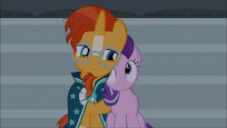 Size: 600x338 | Tagged: safe, artist:agrol, starlight glimmer, sunburst, pony, time for two, g4, agrol is trying to murder us, animated, cape, clothes, duo, female, gif, glasses, happy, happy couple, hug, male, ship:starburst, shipping, straight