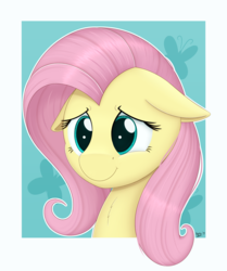 Size: 2874x3435 | Tagged: safe, artist:arcane-thunder, fluttershy, pegasus, pony, g4, bust, cute, female, floppy ears, high res, mare, portrait, shyabetes, simple background, smiling, solo