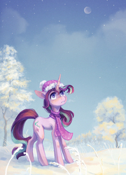Size: 1512x2095 | Tagged: safe, artist:koviry, starlight glimmer, pony, unicorn, g4, beanie, clothes, cloud, crescent moon, cute, female, glimmerbetes, hat, looking up, mare, moon, scarf, snow, solo, speedpaint available, stars, tree, winter