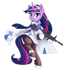 Size: 1280x1384 | Tagged: safe, artist:dstears, twilight sparkle, alicorn, pony, unicorn, g4, assault rifle, bipedal, clothes, cosplay, costume, female, girls' frontline, gloves, gun, looking at you, mare, pantyhose, pleated skirt, qbz-95, rifle, shoes, simple background, skirt, smiling, solo, twilight sparkle (alicorn), weapon, white background