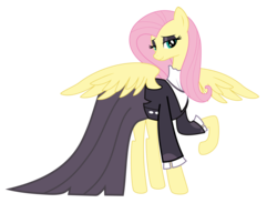 Size: 3000x2200 | Tagged: safe, alternate version, editor:princemars, fluttershy, pegasus, pony, g4, alternate body style, background removed, bedroom eyes, clothes, dress, eyeshadow, female, fluttergoth, goth, high res, jacket, lidded eyes, long legs, looking at you, makeup, mare, pose, raised hoof, ruffled shirt, simple background, smiling, solo, spread wings, tall, transparent background, vector, wings