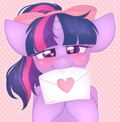 Size: 2952x3000 | Tagged: safe, artist:adostume, twilight sparkle, pony, blushing, bow, cute, female, hair bow, heart eyes, letter, looking at you, love letter, loving gaze, mare, mouth hold, smiling, solo, twiabetes, wingding eyes
