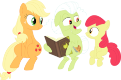 Size: 3475x2301 | Tagged: safe, alternate version, artist:porygon2z, edit, apple bloom, applejack, granny smith, earth pony, pony, apple family reunion, g4, accessory-less edit, book, female, filly, high res, mare, missing accessory, scrapbook, simple background, sisters, sitting, transparent background, vector