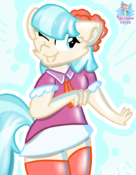 Size: 966x1247 | Tagged: safe, artist:rainbow eevee, coco pommel, earth pony, anthro, g4, body, clothes, cute, female, hand, one eye closed, simple background, smiling, solo, wink