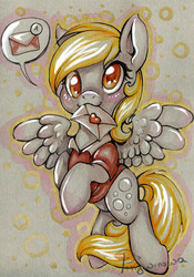 Size: 1719x2452 | Tagged: safe, artist:pingwinowa, derpy hooves, pegasus, pony, g4, blushing, cute, derpabetes, female, flying, letter, love, mail, mare, solo, traditional art