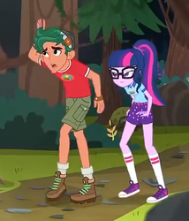 Size: 385x450 | Tagged: safe, screencap, sci-twi, timber spruce, twilight sparkle, equestria girls, g4, my little pony equestria girls: legend of everfree, boots, camp everfree logo, clothes, converse, cropped, glasses, legs, ponytail, shoes, shorts, sneakers, socks