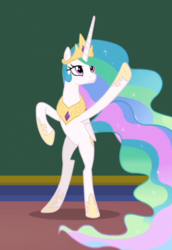 Size: 526x765 | Tagged: safe, screencap, princess celestia, alicorn, pony, g4, horse play, my little pony: friendship is magic, belly, bipedal, cropped, ethereal mane, female, hoof shoes, jewelry, regalia, waving