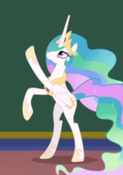 Size: 509x728 | Tagged: safe, screencap, princess celestia, alicorn, pony, g4, horse play, bipedal, cropped, cute, cutelestia, ethereal mane, female, hoof shoes, jewelry, looking up, mare, pointing, regalia, smiling, solo