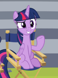 Size: 565x755 | Tagged: safe, screencap, spike, twilight sparkle, alicorn, pony, g4, horse play, chair, cropped, director spike, director's chair, female, offscreen character, sitting, smiling, twilight sparkle (alicorn)
