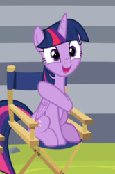 Size: 537x810 | Tagged: safe, screencap, twilight sparkle, alicorn, pony, g4, horse play, chair, cropped, director's chair, female, open mouth, sitting, smiling, twilight sparkle (alicorn)