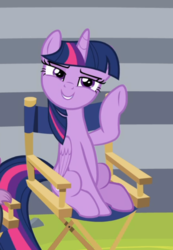 Size: 542x781 | Tagged: safe, screencap, twilight sparkle, alicorn, pony, g4, horse play, chair, cropped, director's chair, female, lidded eyes, sitting, smiling, smirk, twilight sparkle (alicorn)