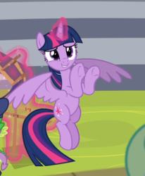 Size: 653x792 | Tagged: safe, screencap, twilight sparkle, alicorn, pony, g4, horse play, cropped, female, flying, glowing horn, horn, levitation, magic, offscreen character, solo, telekinesis, twilight sparkle (alicorn), underhoof, wings