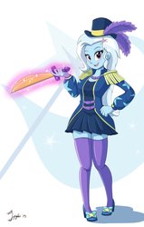 Size: 2602x4096 | Tagged: safe, artist:jeglegator, trixie, equestria girls, g4, my little pony equestria girls: better together, street magic with trixie, clothes, cute, cutie mark background, diatrixes, epaulettes, female, glowing hands, hat, legs, miniskirt, skirt, socks, solo, sword, thigh highs, top hat, weapon, zettai ryouiki