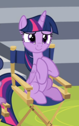 Size: 406x644 | Tagged: safe, screencap, spike, twilight sparkle, alicorn, pony, g4, horse play, chair, cropped, director spike, director's chair, female, hooves to the chest, offscreen character, sitting, smiling, solo focus, twilight sparkle (alicorn)