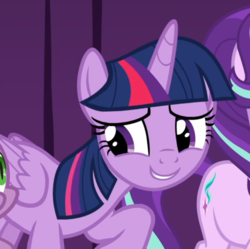 Size: 708x704 | Tagged: safe, screencap, twilight sparkle, alicorn, pony, g4, horse play, cropped, female, offscreen character, smiling, solo focus, twilight sparkle (alicorn)