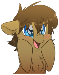 Size: 1500x1900 | Tagged: safe, artist:fluffyxai, oc, oc only, oc:spirit wind, earth pony, pony, awww, blushing, chest fluff, cute, fluffy, hooves on cheeks, male, ocbetes, simple background, smiling, solo, sparkly eyes, squee, squishy cheeks, stallion, sticker, transparent background