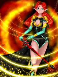 Size: 2129x2818 | Tagged: safe, artist:mdeltar, sunset shimmer, human, g4, breasts, cleavage, clothes, female, gloves, high res, humanized, looking at you, sword, weapon