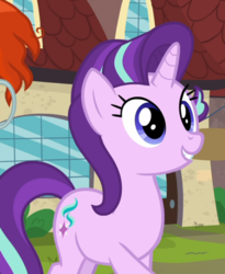 Size: 686x837 | Tagged: safe, screencap, starlight glimmer, sunburst, pony, unicorn, g4, the parent map, cropped, female, male, mare, offscreen character, smiling, stallion