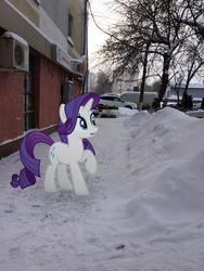 Size: 2448x3264 | Tagged: safe, artist:albertuha, rarity, pony, unicorn, g4, female, high res, irl, mare, photo, ponies in real life, raised hoof, snow, solo, winter