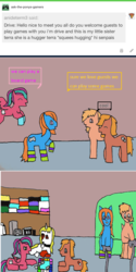 Size: 1059x2116 | Tagged: safe, artist:ask-luciavampire, oc, oc:charm rose, oc:chibi night, oc:drive, oc:starry glow, oc:terra, bat pony, earth pony, pegasus, pony, tumblr:ask-the-pony-gamers, ask, tumblr, video game