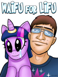 Size: 673x900 | Tagged: safe, artist:curtsibling, twilight sparkle, pony, unicorn, g4, adam's apple, brony, brown hair, clothes, eyebrows, eyelashes, forever alone, glasses, horn, horn ring, jin, jin15, living object, marriage, meme, ring, shirt, simple background, stitches, t-shirt, teary eyes, text, transparent background, waifu, wat, white people, why, zit