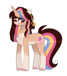 Size: 448x506 | Tagged: safe, artist:nocturnal-moonlight, oc, oc only, oc:melanie (moon-rose-rosie), pony, unicorn, brown eyes, chest fluff, closed mouth, coat markings, colored hooves, facial markings, female, horn, lightly watermarked, mare, one eye closed, pale belly, ponysona, simple background, smiling, snip (coat marking), socks (coat markings), solo, standing, star (coat marking), transparency error, transparent background, unicorn oc, watermark, wink