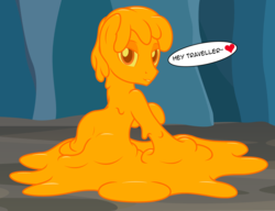 Size: 2692x2064 | Tagged: safe, artist:badumsquish, derpibooru exclusive, oc, oc only, oc:tangy, goo pony, original species, butt, dialogue, flirting, heart, high res, looking at you, looking back, male, melting, plot, puddle, raised hoof, smiling, solo, stallion, sultry pose, talking to viewer, thick