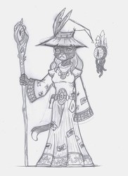 Size: 1188x1635 | Tagged: safe, artist:kuroneko, derpibooru exclusive, catrina, anthro, g1, female, grayscale, hat, monochrome, pencil drawing, simple background, solo, staff, traditional art, white background, wizard hat