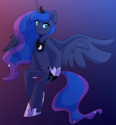 Size: 2312x2500 | Tagged: safe, artist:tigra0118, princess luna, anthro, semi-anthro, g4, anatomically incorrect, arm hooves, art, chibi, ethereal mane, fanart, female, gradient background, high res, hoof shoes, incorrect leg anatomy, looking at you, solo, starry mane