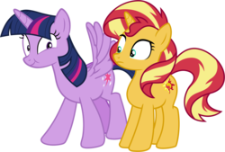 Size: 13690x9235 | Tagged: safe, artist:famousmari5, sunset shimmer, twilight sparkle, alicorn, pony, unicorn, equestria girls, equestria girls specials, g4, my little pony equestria girls: better together, my little pony equestria girls: forgotten friendship, :t, absurd resolution, female, mare, simple background, transparent background, twilight sparkle (alicorn), vector, wings