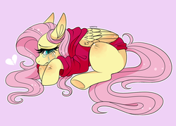 Size: 1280x914 | Tagged: safe, artist:serkittyy, fluttershy, pegasus, pony, g4, clothes, crying, female, heart, heartbreak, hoodie, lying down, sad, simple background, solo, wings