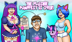 Size: 1521x900 | Tagged: safe, artist:curtsibling, twilight sparkle, human, g4, blue hair, blue nail polish, bow, bracelet, breasts, brony, cat ears, cleavage, clothes, crying, divorce, divorced, female, glasses, gradient background, hairy arms, jewelry, jin, midriff, painted nails, plushie, purple hair, ribbon, shirt, shorts, skirt, spiked wristband, stockings, t-shirt, tank top, tears of pain, teary eyes, thigh highs, virgin, wristband
