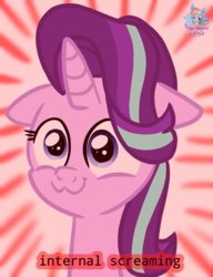 Size: 941x1226 | Tagged: safe, artist:rainbow eevee, derpibooru exclusive, starlight glimmer, pony, unicorn, g4, :3, chubby cheeks, cute, female, floppy ears, glimmerbetes, internal screaming, mare, pain, puppy dog eyes, rage, reaction image, red, smiling, solo