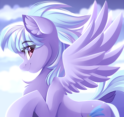 Size: 2522x2377 | Tagged: safe, artist:airiniblock, cloudchaser, pegasus, pony, rcf community, g4, chest fluff, cloud, commission, ear fluff, eye clipping through hair, eyebrows, eyebrows visible through hair, female, high res, looking at you, mare, raised hoof, sky, smiling, solo, spread wings, wings