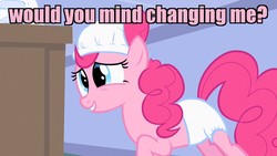 Size: 1280x720 | Tagged: safe, edit, edited screencap, screencap, pinkie pie, earth pony, pony, baby cakes, g4, season 2, adult foal, changing table, derp, diaper, diaper fetish, diaper on head, female, fetish, leaning, mare, multiple diapers, non-baby in diaper, raised hoof, solo