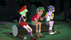 Size: 1280x720 | Tagged: safe, screencap, drama letter, micro chips, timber spruce, watermelody, equestria girls, g4, my little pony equestria girls: legend of everfree, background human, beret, camp everfree logo, camp everfree outfits, clothes, converse, female, glasses, hat, legs, shoes, shorts, socks, suspenders, trio