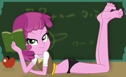 Size: 1856x1130 | Tagged: safe, artist:grapefruitface1, artist:nackliza, cheerilee, equestria girls, g4, apple, barefoot, base used, black underwear, book, chalkboard, clothes, desk, feet, female, food, looking at you, panties, seductive pose, show accurate, solo, underwear