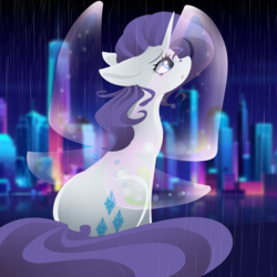 Size: 2449x2449 | Tagged: safe, artist:posionjoke, rarity, pony, unicorn, g4, butt, butterfly wings, city, cutie mark, female, high res, horn, magic, mare, plot, rain, sad, solo, wings