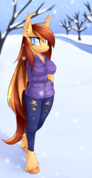 Size: 1280x2455 | Tagged: safe, artist:scarlet-spectrum, part of a set, oc, oc only, oc:silver veil, bat pony, anthro, unguligrade anthro, anthro oc, bat pony oc, clothes, coat, commission, deviantart watermark, female, looking at you, obtrusive watermark, pants, ripped pants, smiling, snow, solo, tree, unshorn fetlocks, watermark, winter