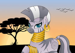 Size: 1280x906 | Tagged: safe, artist:lavenderrain24, zecora, bird, pony, zebra, g4, africa, colored pupils, cute, female, gradient background, looking at you, raised hoof, savanna, signature, silhouette, smiling, solo, sun, tree, zecorable
