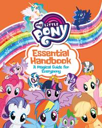 Size: 2048x2560 | Tagged: safe, egmont, applejack, dj pon-3, fluttershy, pinkie pie, princess cadance, princess celestia, princess luna, rainbow dash, rarity, spike, starlight glimmer, twilight sparkle, vinyl scratch, zecora, alicorn, dragon, earth pony, pegasus, pony, unicorn, zebra, g4, my little pony: essential handbook: a magical guide for everypony, official, high res, looking at you, mane seven, mane six, my little pony logo, orange background, rarieyes, simple background, spread wings, twilight sparkle (alicorn), wings, you had one job