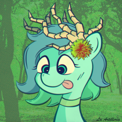 Size: 1700x1700 | Tagged: safe, artist:la artillería, oc, oc only, oc:mint willowmoon, deer pony, original species, pony, :p, antlers, bust, choker, chromatic aberration, cute, dandelion, female, flower, flower in hair, forest, forest background, mare, nature, portrait, smiling, solo, tongue out