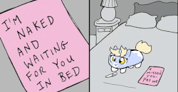 Size: 800x417 | Tagged: safe, artist:nootaz, oc, oc only, oc:nootaz, pony, unicorn, :>, animated, bait and switch, bed, bedroom, chibi, cute, female, lamp, mare, meme, note, ocbetes, paper, pen, pillow, silly, silly pony, smiling, solo, spinning, squat, we don't normally wear clothes