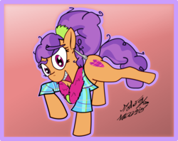 Size: 2587x2045 | Tagged: safe, artist:ndogmario, plaid stripes, pony, g4, the saddle row review, braces, clothes, cute, eye clipping through hair, female, gradient background, high res, looking at you, open mouth, plaidabetes, signature, solo
