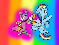 Size: 2048x1536 | Tagged: dead source, safe, artist:rainbineeoi, rainbow dash, cat, pegasus, pony, g4, adult, crossover, crossover shipping, felicidash, felicity (rbuk), female, interspecies, lesbian, mare, rainbow background, rainbow butterfly unicorn kitty, shipping
