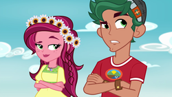 Size: 1920x1080 | Tagged: safe, screencap, gloriosa daisy, timber spruce, equestria girls, g4, my little pony equestria girls: legend of everfree, brother and sister, camp everfree logo, camp everfree outfits, clothes, crossed arms, female, flower, flower in hair, geode of fauna, geode of shielding, geode of sugar bombs, geode of super speed, geode of super strength, magical geodes, male, sky
