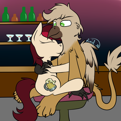 Size: 800x800 | Tagged: safe, artist:luriel maelstrom, oc, oc only, oc:appleale, oc:steelwinghollowtooth, griffon, pony, bottle, chair, claws, glass, interspecies, nuzzling, paws, signature, simple background, sitting, snuggling